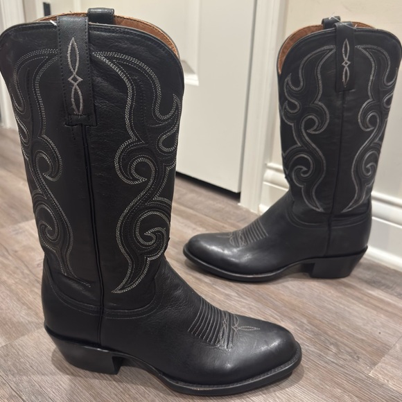 Lucchese Baker Embroidered Black Leather Cowboy Western Boots